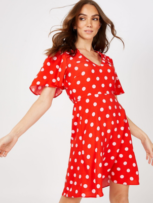Red Polka Dot Print Cut Out Tea Dress ...